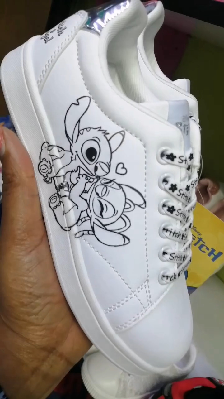 Girl's White Sneakers with Stitch Print and laces with writing