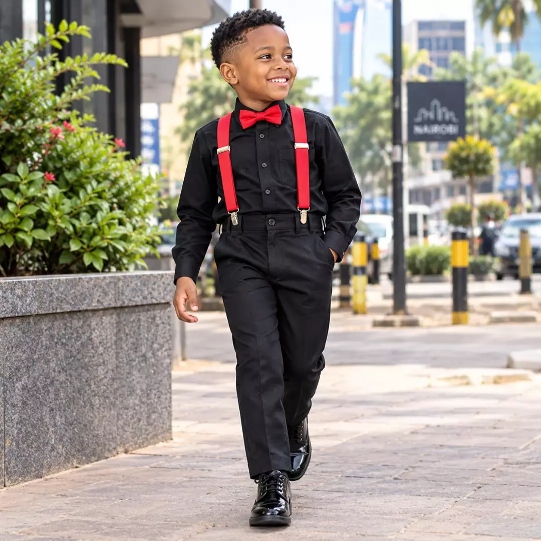 Boys Wear Formal Outfit Set with Full Sleeve Shirt, Black Trouser, Suspender & Bow Tie | Kids Wedding Birthday Dress Combo for Boys