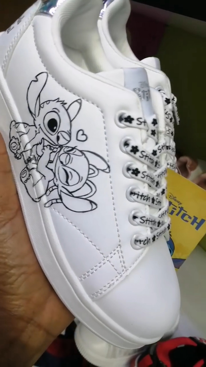 Girl's White Sneakers with Stitch Print and laces with writing - Image 2